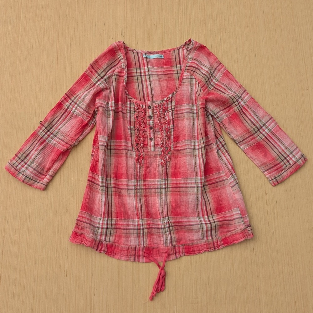 Maurices Pink Plaid Ruffle‎ Scoop Neck Roll Tab Sleeve Blouse Women's Medium